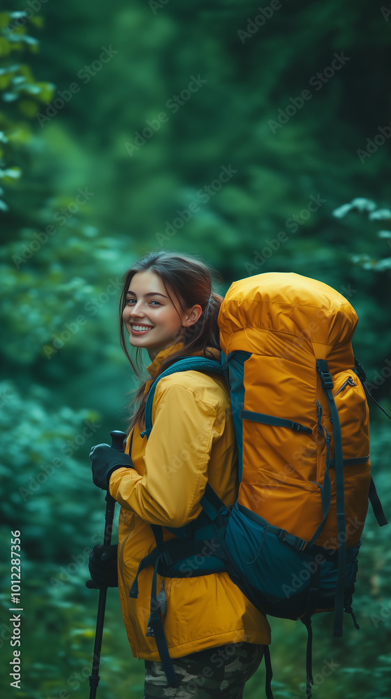a young woman backpacker outfit trakking yellow exploring in the forest, reflecting adventure and sustainable tourism in nature