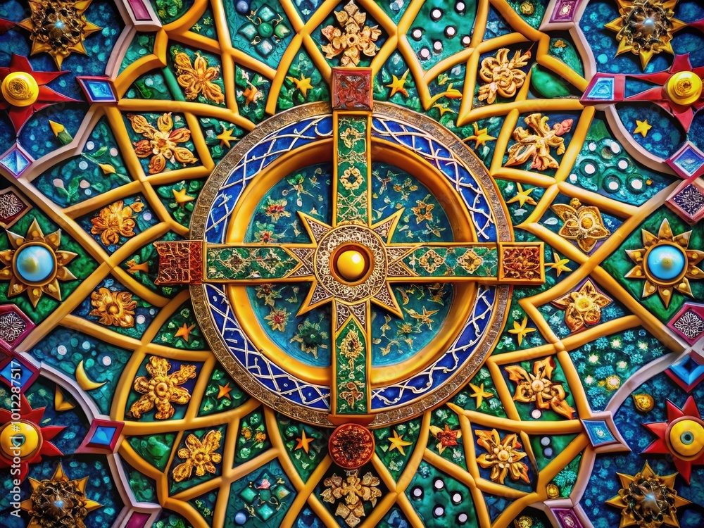 Intricate Religious Symbolism Featuring Cross, Star, Crescent Moon, and Sacred Geometry Patterns Intricate Religious Symbolism Featuring Cross, Star, Crescent Moon, and Sacred Geometry Patterns