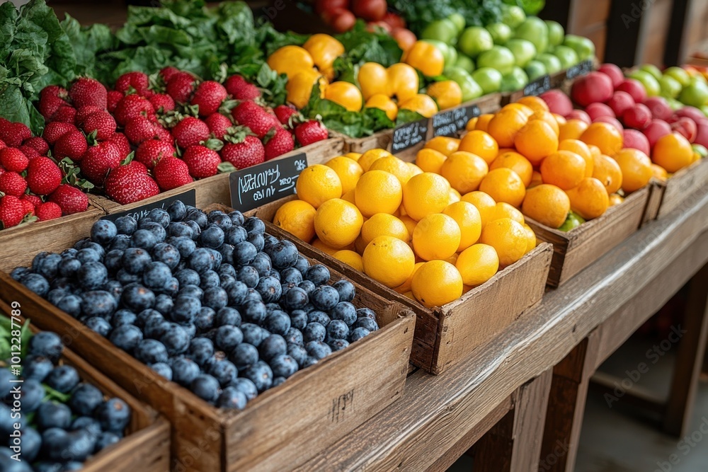 A close-up of a farmers market stall with fresh produce, including strawberries, blueberries, lemons, and apples. A close-up of a farmers market stall with fresh produce, including strawberries, blueberries, lemons, and apples.