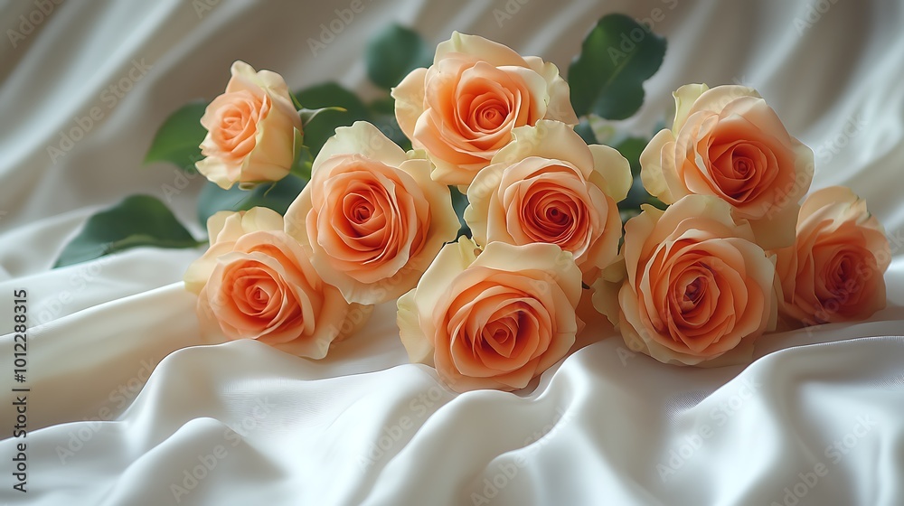 A bouquet of peach roses lies on a white satin fabric.