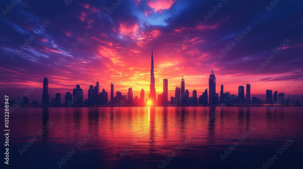 A vibrant sunrise over a city skyline with tall skyscrapers, reflecting in the calm water. A vibrant sunrise over a city skyline with tall skyscrapers, reflecting in the calm water.