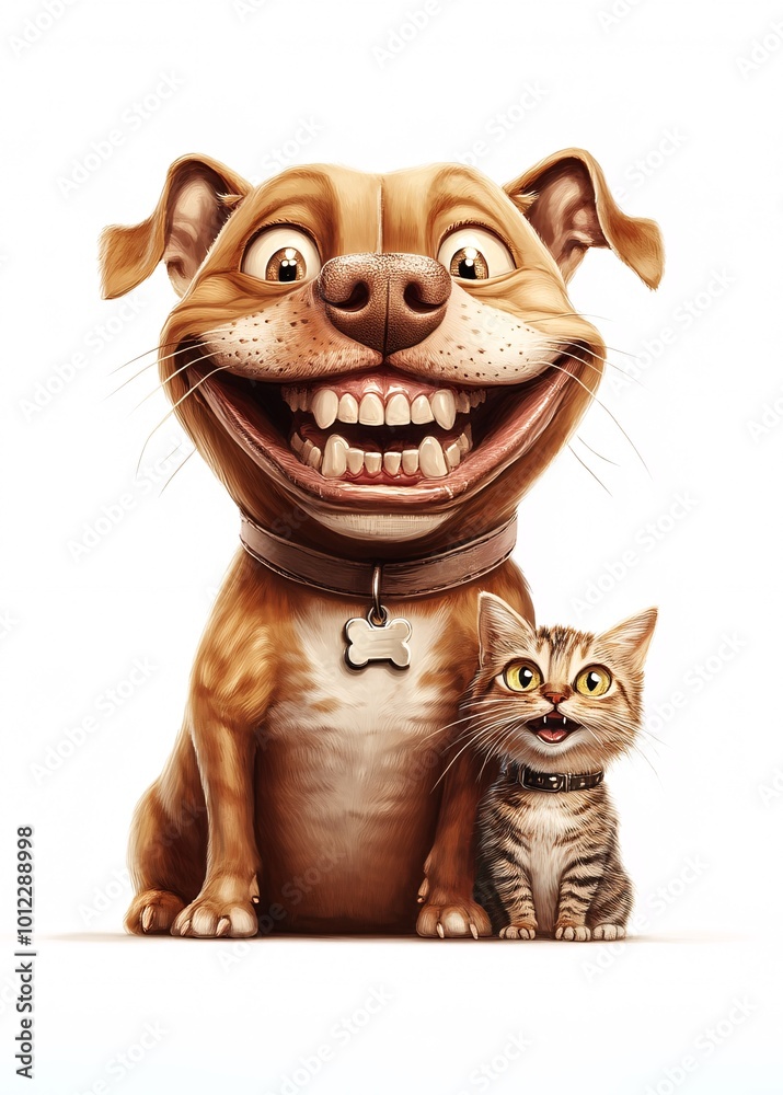 Fototapeta premium Joyful Companions: A playful scene of a dog and cat laughing together
