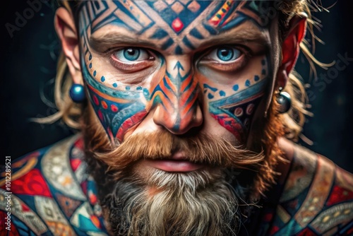 Intricate Viking Face Tattoo Design with Norse Symbols and Patterns on a Male Skin Canvas