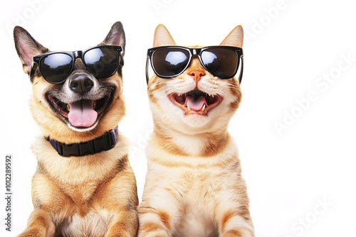 Cool Companions: A funny moment with a dog and cat wearing sunglasses