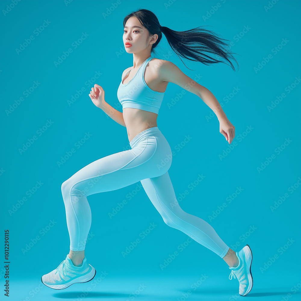 Asian woman with a determined expression runs on a vibrant blue background. Great for fitness, determination, and active lifestyle themes. Asian woman with a determined expression runs on a vibrant blue background. Great for fitness, determination, and active lifestyle themes.