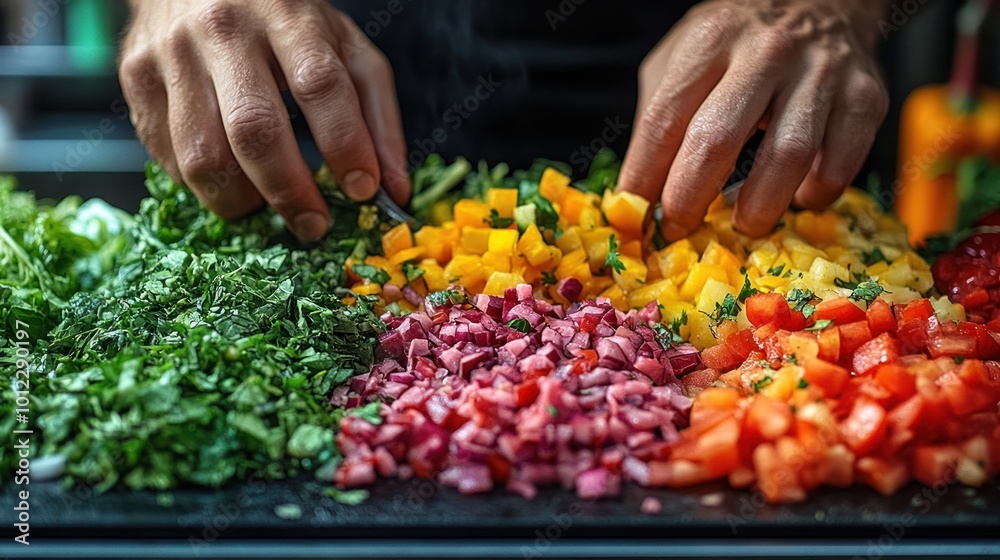 Chef's hands preparing a colorful salad with various vegetables.