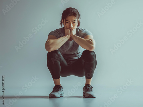 This powerful image of a female athlete in a squat position embodies determination, athleticism, and the pursuit of physical excellence.