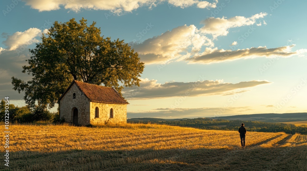 Tranquil moment: pilgrim praying by rustic chapel at sunset Tranquil moment: pilgrim praying by rustic chapel at sunset