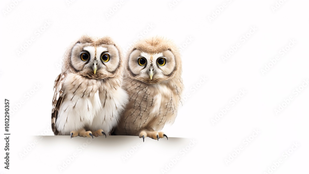 Obraz premium Two adorable owls with big eyes on a white background