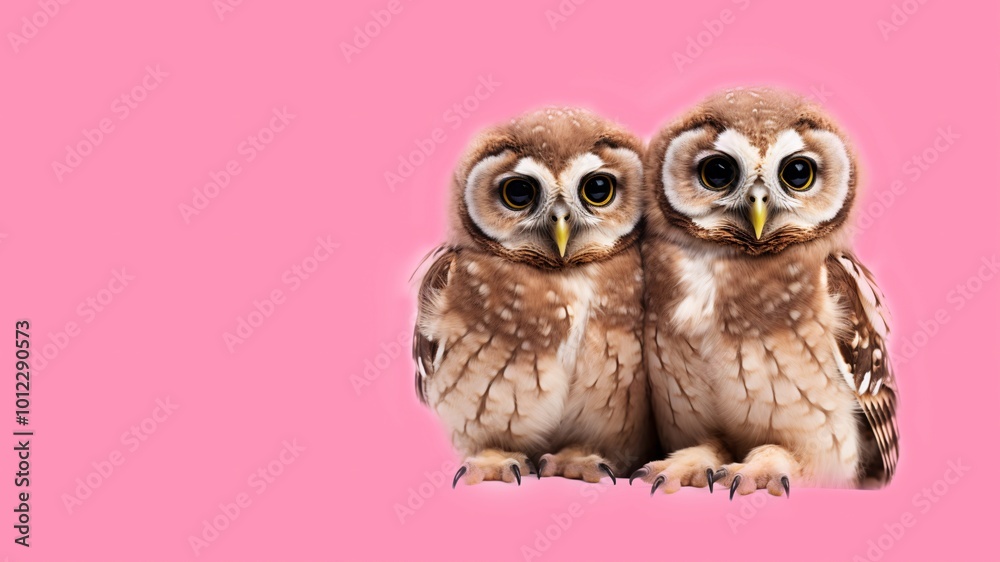 Fototapeta premium Cute pair of baby owls sitting together on a bright pink background