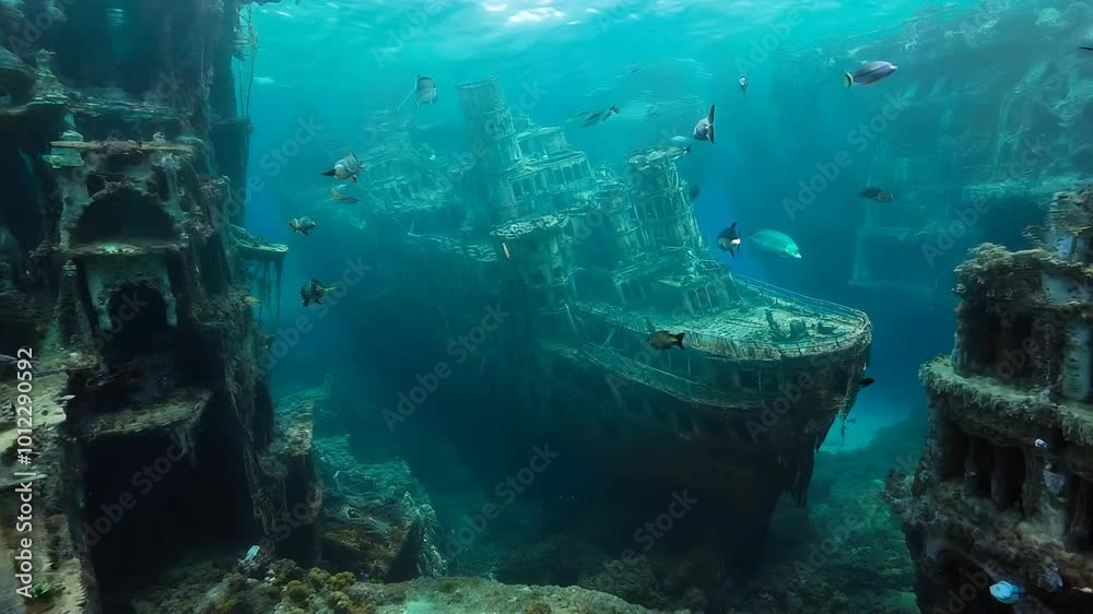 Majestic sunken shipwreck surrounded by marine life deep in the ocean. Majestic sunken shipwreck surrounded by marine life deep in the ocean.