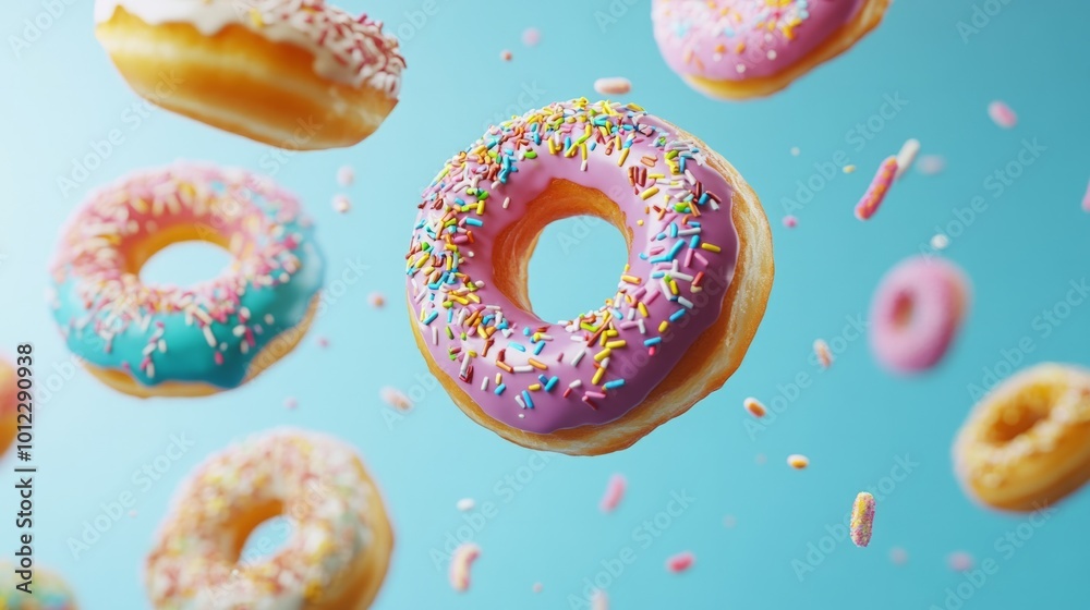Decorated donuts spinning in motion, falling generative ai Decorated donuts spinning in motion, falling generative ai