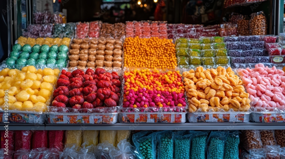 Vibrant display of colorful sweets at a street vendor's stand for traditional market celebration