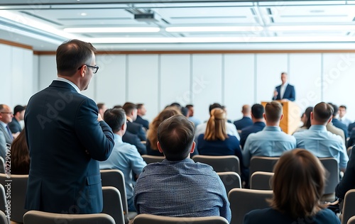 Audience Listens to Lecturer at a Conference Meeting Seminar Training. Group of People Hear Presenter Give Speech . Corporate Manager Speaker Gives Business Technology and Economic Forecast.