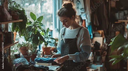 Woman practicing sustainable living by mending clothes at home