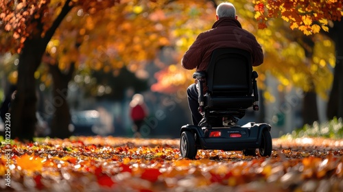 Autumn stroll: elderly man navigating park on advanced mobility scooter