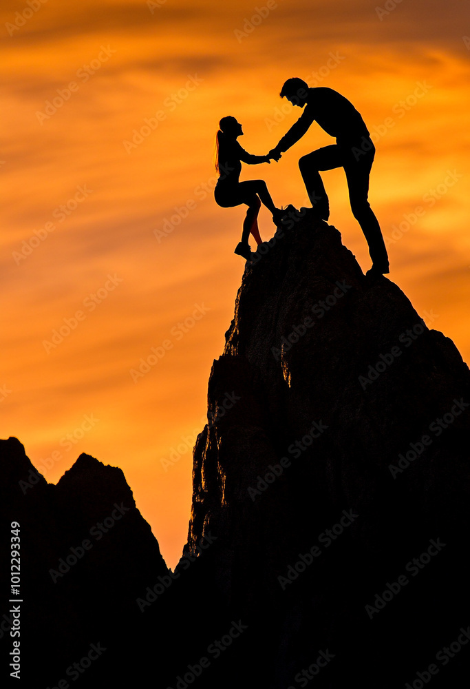 Silhouette of a man helping a woman reach a mountain peak, symbolizing help and support in the silhouette style.
Silhouette of a man helping a woman reach a mountain peak, symbolizing help and support in the silhouette style.