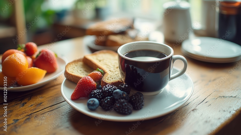 Close-up of delicious breakfast with coffee, toast, and fresh fruits on a wooden table Close-up of delicious breakfast with coffee, toast, and fresh fruits on a wooden table