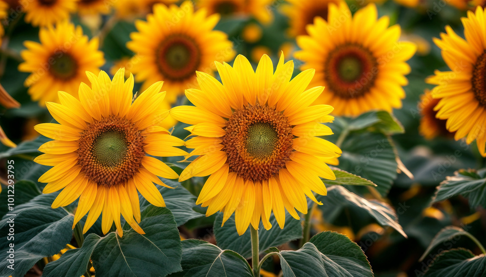 Fototapeta premium Sunflowers background. Texture of sunflowers close-up. Wallpaper for screen
