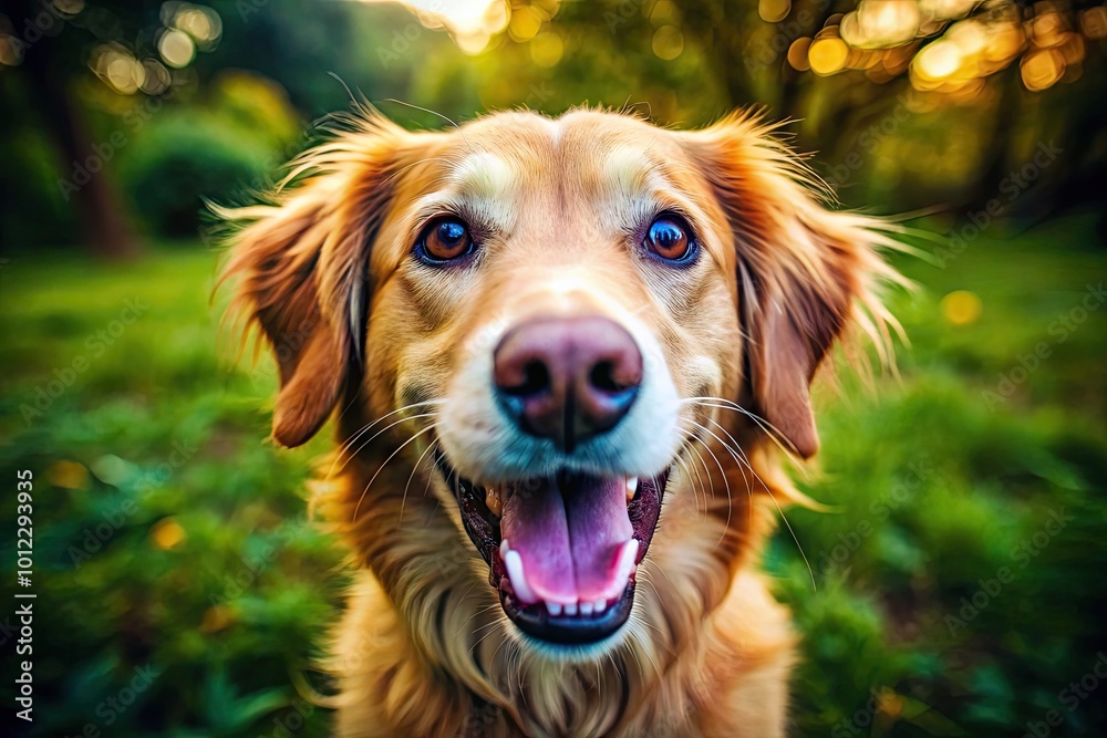 Obraz premium Joyful Dog Smiling with Bright Eyes and Floppy Ears, Radiating Happiness and Playfulness Outdoors