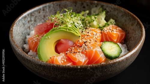 Deconstructed sushi bowl with fresh salmon, avocado, and vegetables photo