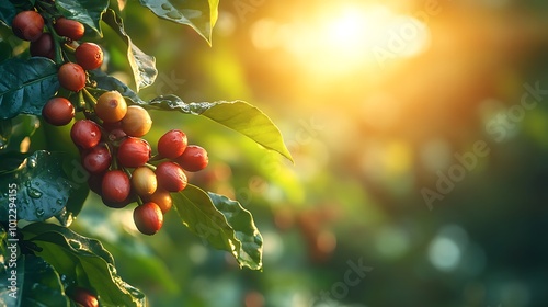 Close-up of ripe coffee beans on a branch with green leaves and a warm, sunlit background.