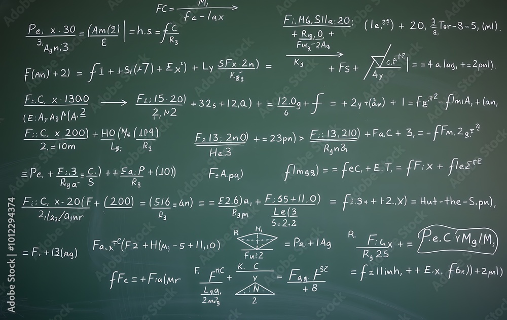 Blackboard inscribed with scientific formulas and calculations in physics and mathematics.
Blackboard inscribed with scientific formulas and calculations in physics and mathematics.