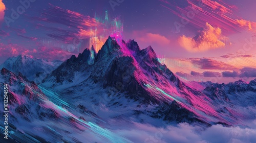 Vibrant glitch art landscape with pixelated mountains at sunset