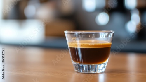 Espresso shot with a layer of crema, in a small transparent cup, minimalist coffee setup generative ai