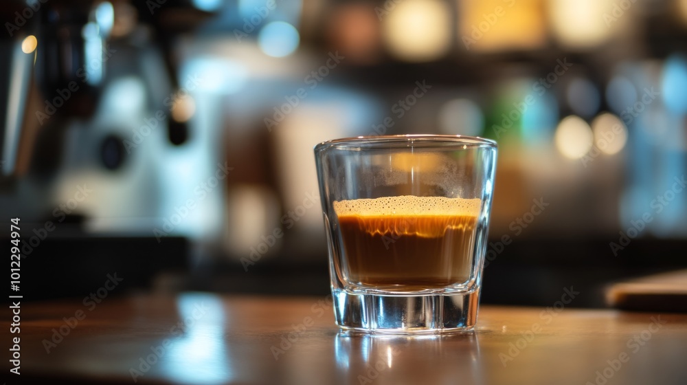 Espresso shot with a layer of crema, in a small transparent cup, minimalist coffee setup generative ai Espresso shot with a layer of crema, in a small transparent cup, minimalist coffee setup generative ai