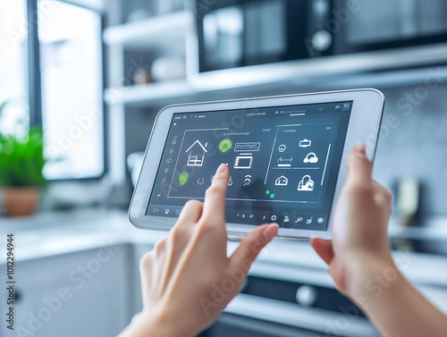 A person using a tablet to control a smart home system in a modern kitchen. The interface displays various home automation settings, illustrating the convenience and innovation of smart technology.