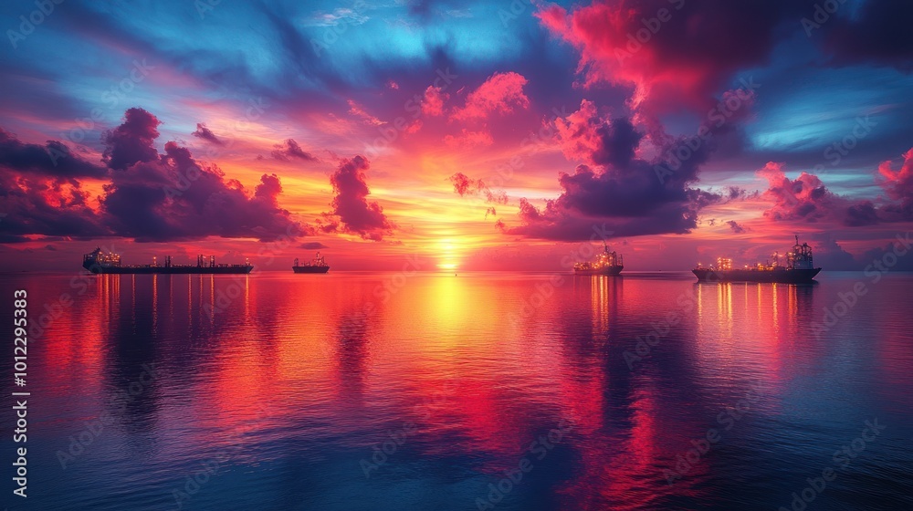 A vibrant sunset sky over a calm ocean with several cargo ships silhouetted on the horizon. A vibrant sunset sky over a calm ocean with several cargo ships silhouetted on the horizon.