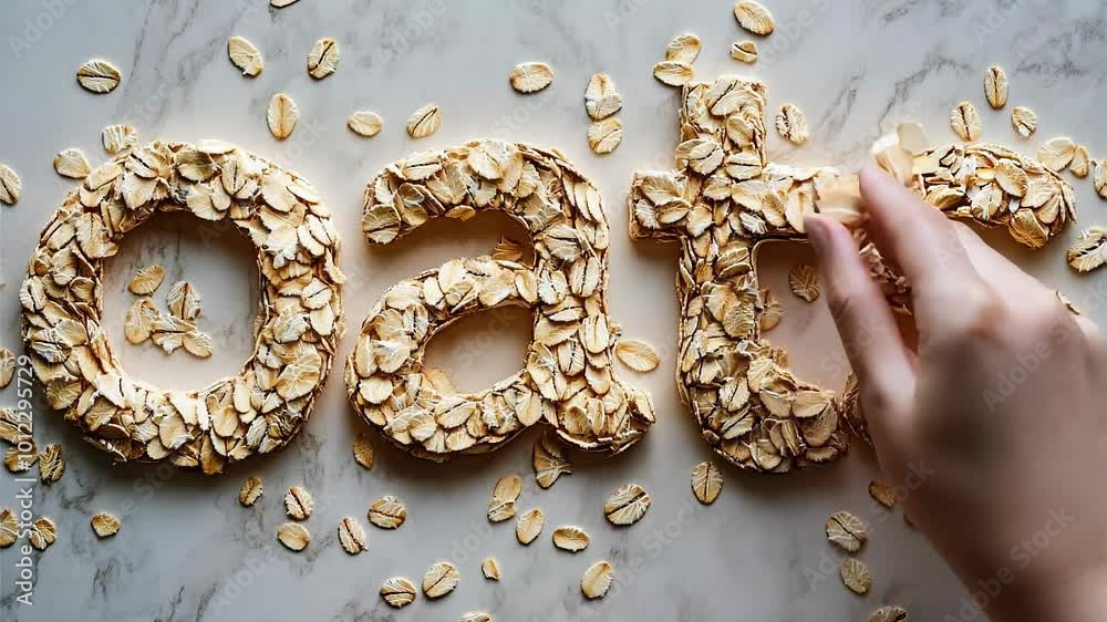 Hands Arranging Oats to Form Word on Marble Surface Hands Arranging Oats to Form Word on Marble Surface