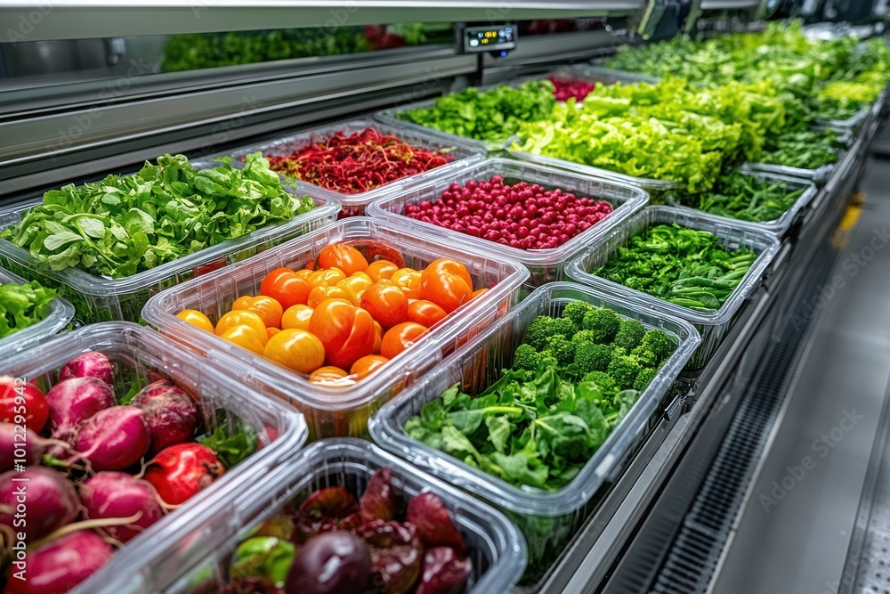 Fresh produce displayed in a refrigerated display case in a supermarket.