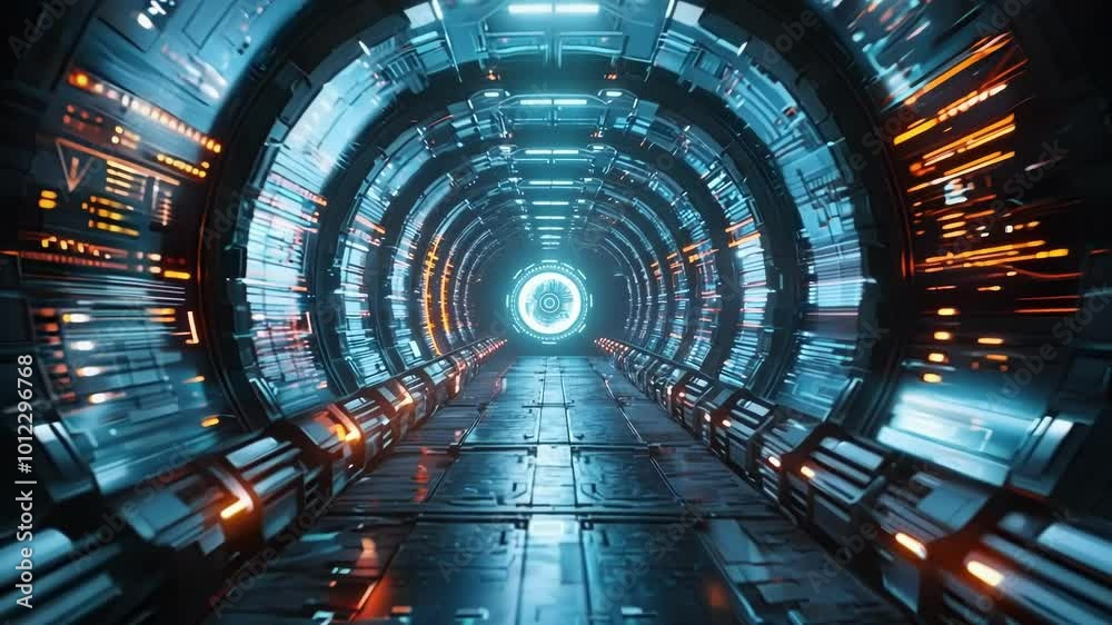 Futuristic spaceship corridor is glowing with blue and orange lights, showing advanced technology. This animation is perfect for finance related projects