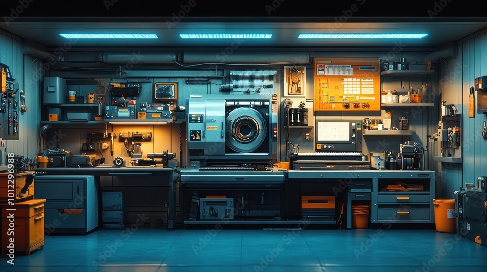 A futuristic workshop with tools, machines, and a workbench illuminated by neon lights. A futuristic workshop with tools, machines, and a workbench illuminated by neon lights.