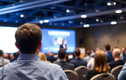 Business and entrepreneurship symposium. Speaker giving a talk at business meeting. Audience in the conference hall. Rear view of unrecognized participant in audience. 