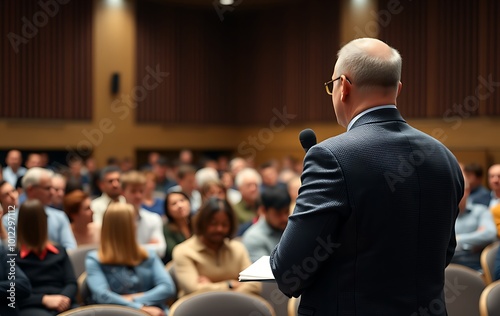 Male speaker giving presentation in hall at university workshop. Audience or conference hall. Rear view of unrecognized participants in audience. Scientific conference event, training. Education