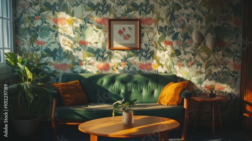 Art nouveau decorative wallpaper in cozy living room setting for interior design inspiration