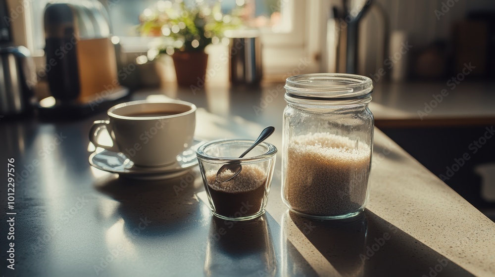Natural sweetener concept with granulated stevia in glass jar and teaspoon on kitchen counter Natural sweetener concept with granulated stevia in glass jar and teaspoon on kitchen counter