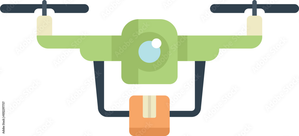 Green delivery drone carrying a package while flying, autonomous robotic express delivery service Green delivery drone carrying a package while flying, autonomous robotic express delivery service