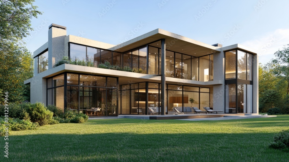 Exterior view of a modern house with large windows and a green lawn generative ai Exterior view of a modern house with large windows and a green lawn generative ai