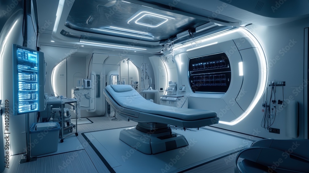Futuristic longevity clinic interior with advanced medical technology