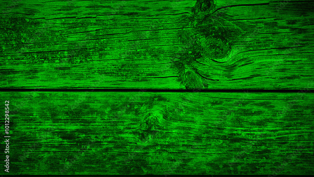 Obraz premium Bold, rustic wooden texture in vibrant green tones, showcasing natural grain patterns and cracks, perfect for eye-catching backgrounds, wallpapers, and creative designs