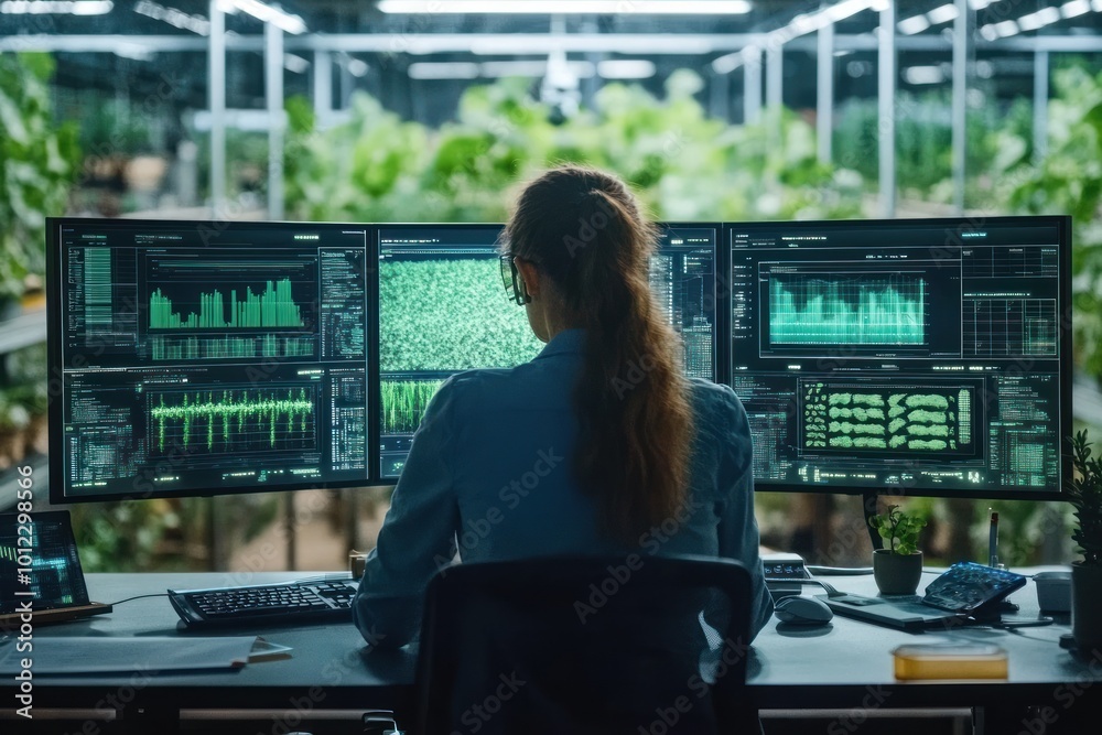 A woman works at a computer in a greenhouse, monitoring data on multiple screens. A woman works at a computer in a greenhouse, monitoring data on multiple screens.