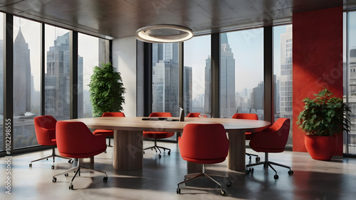 Modern conference room with large windows and red accents: 3D rendering generative ai