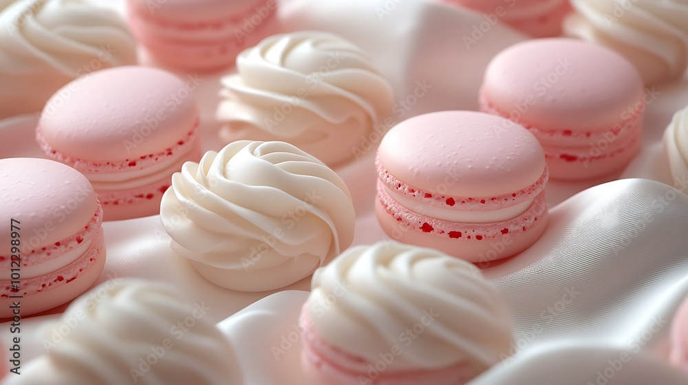 Fototapeta premium Close-up of pink and white macarons on a white silk background.