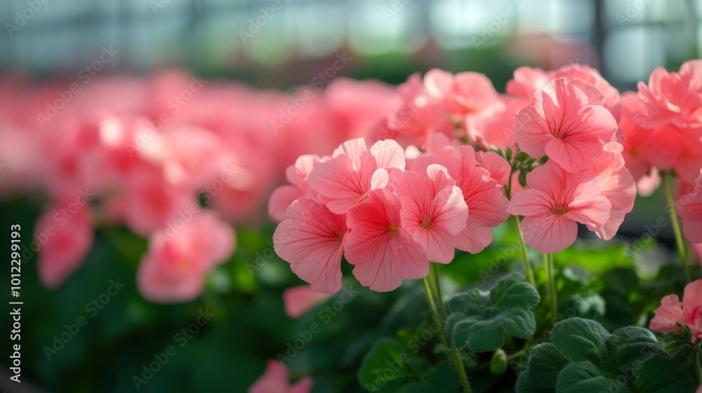 Fototapeta premium Delicate Pink Flowers in Bloom with Green Foliage