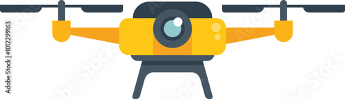 Yellow drone with camera is hovering, ready to take photos or videos