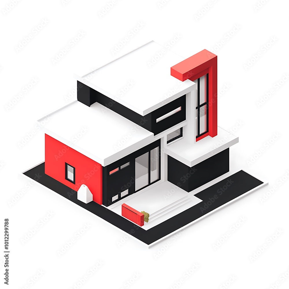 Modern house isometric design illustration. 3D flat style. Red, white and black colors. Modern house isometric design illustration. 3D flat style. Red, white and black colors.
